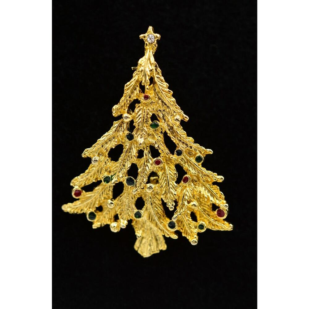 Vintage Statement Pin Brooch Brushed Gold Christmas Tree Enamel 1980s BinF